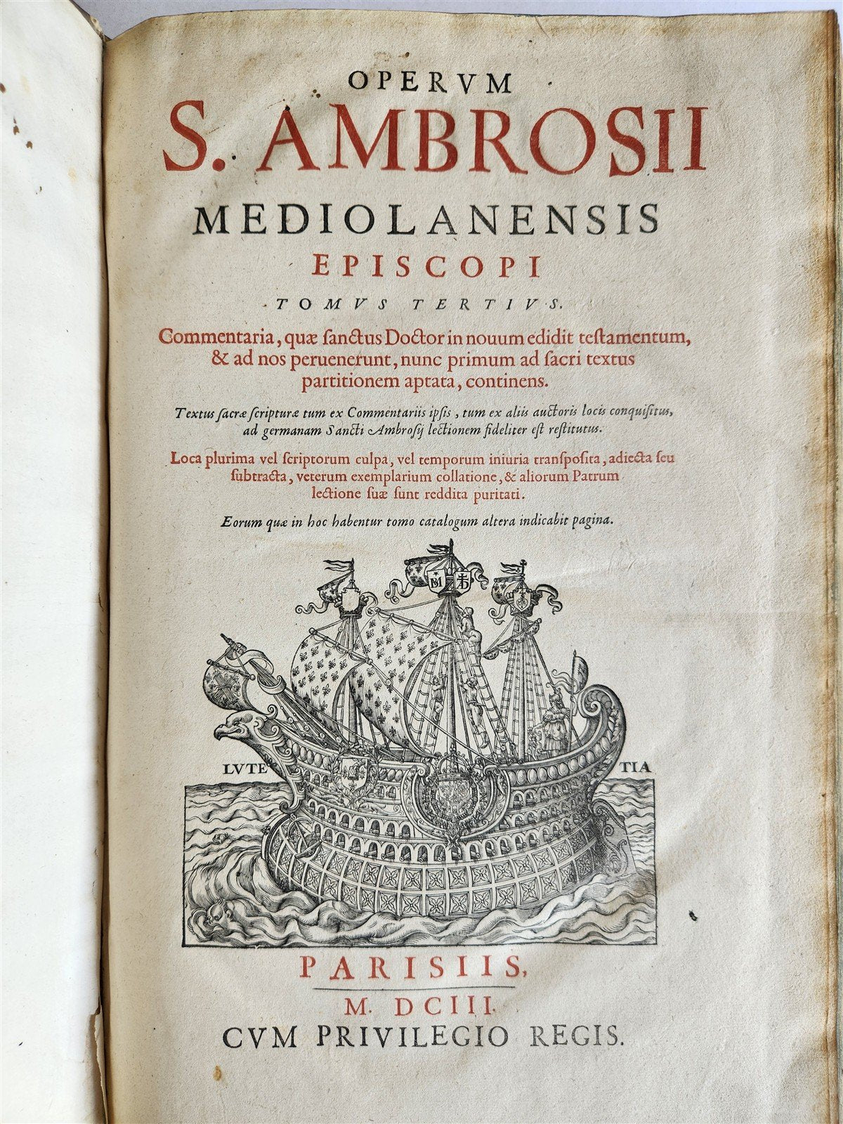1603 SANCTI AMBROSII antique PIGSKIN BOUND FOLIO w/BISHOP'S COAT of ARMS Vol.3-4