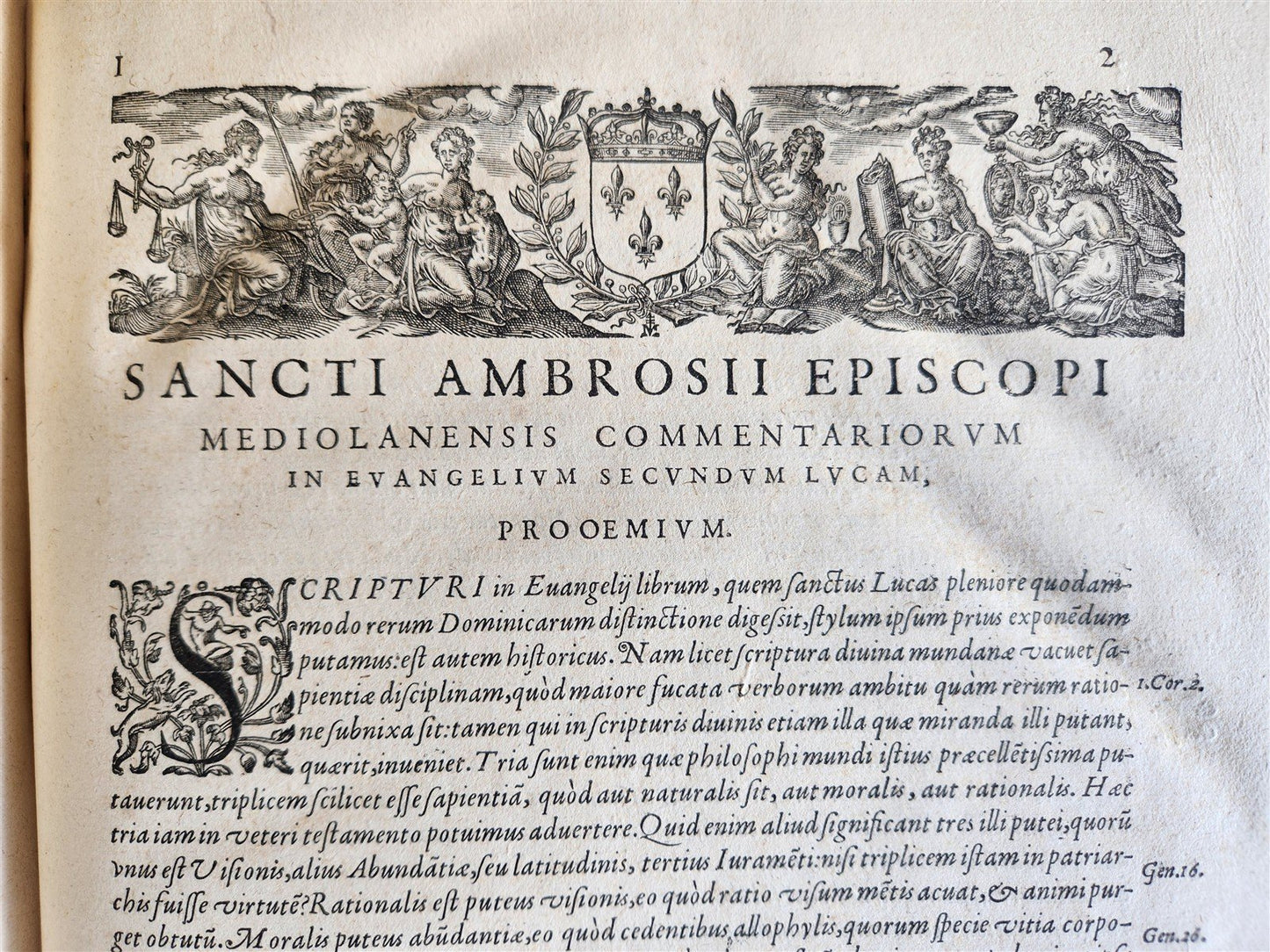 1603 SANCTI AMBROSII antique PIGSKIN BOUND FOLIO w/BISHOP'S COAT of ARMS Vol.3-4