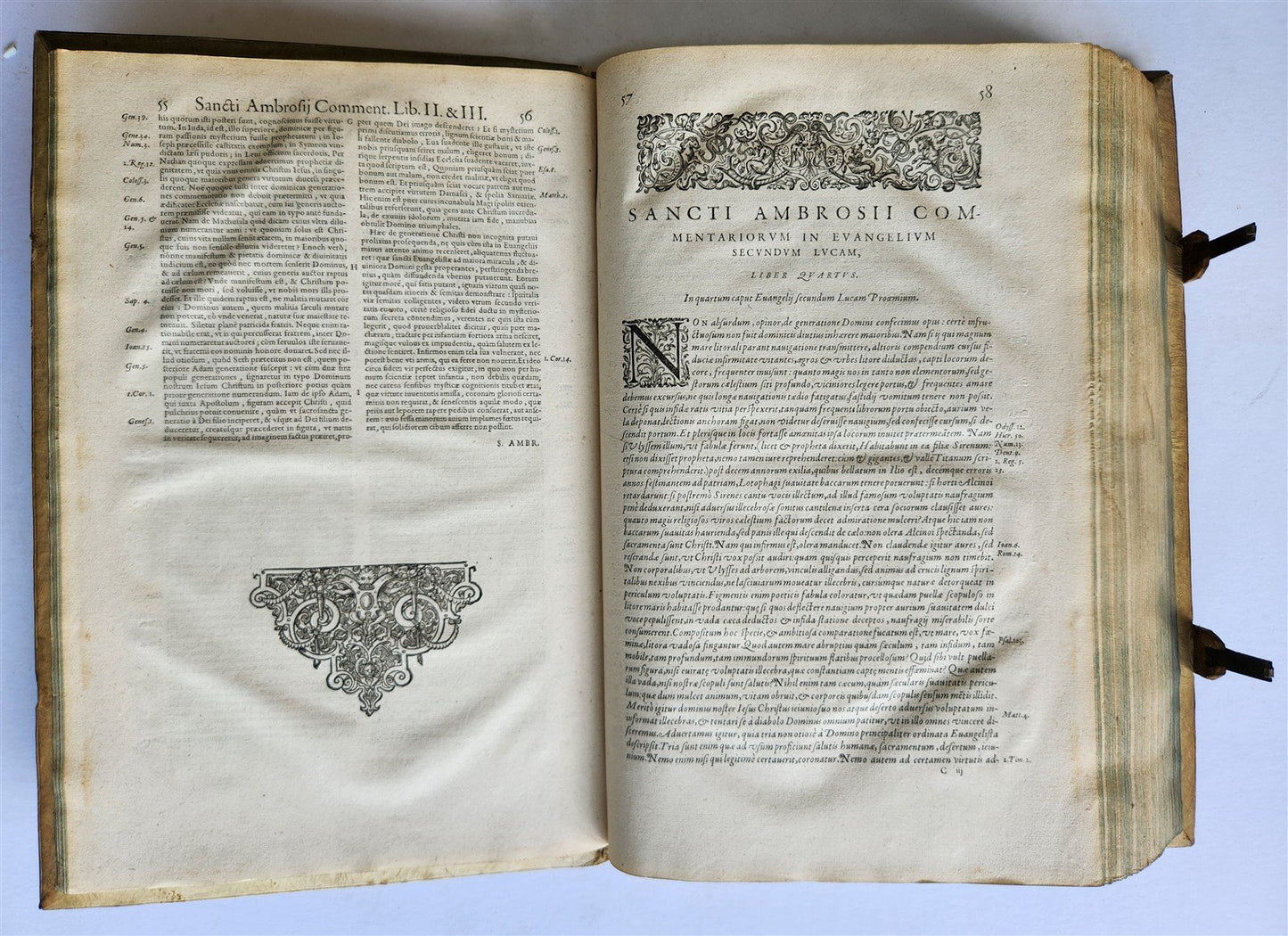 1603 SANCTI AMBROSII antique PIGSKIN BOUND FOLIO w/BISHOP'S COAT of ARMS Vol.3-4