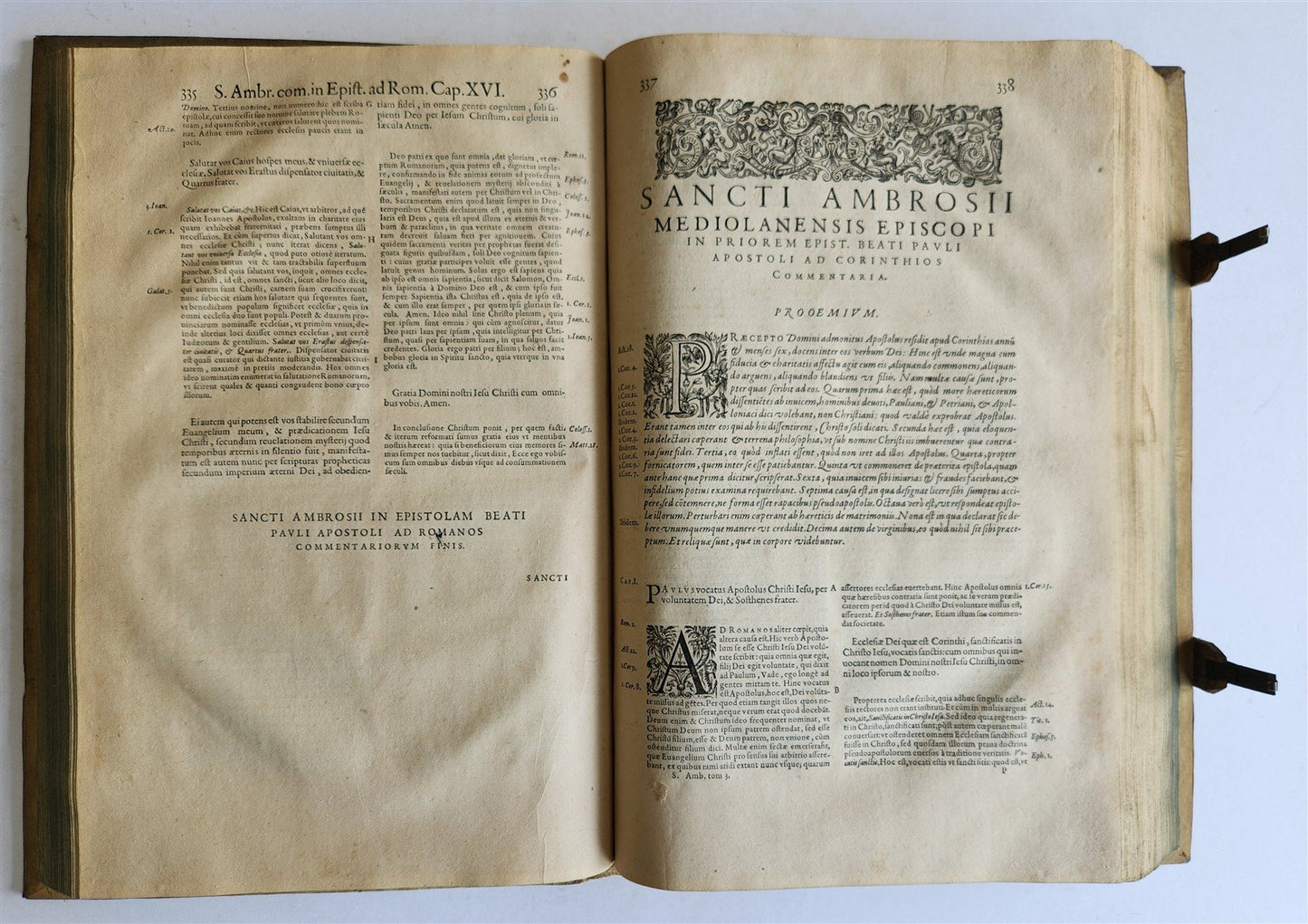 1603 SANCTI AMBROSII antique PIGSKIN BOUND FOLIO w/BISHOP'S COAT of ARMS Vol.3-4