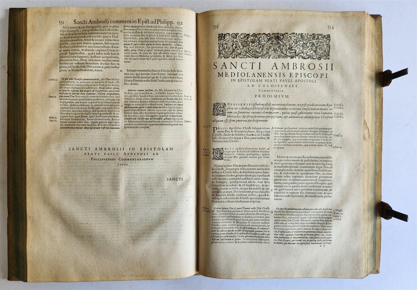 1603 SANCTI AMBROSII antique PIGSKIN BOUND FOLIO w/BISHOP'S COAT of ARMS Vol.3-4