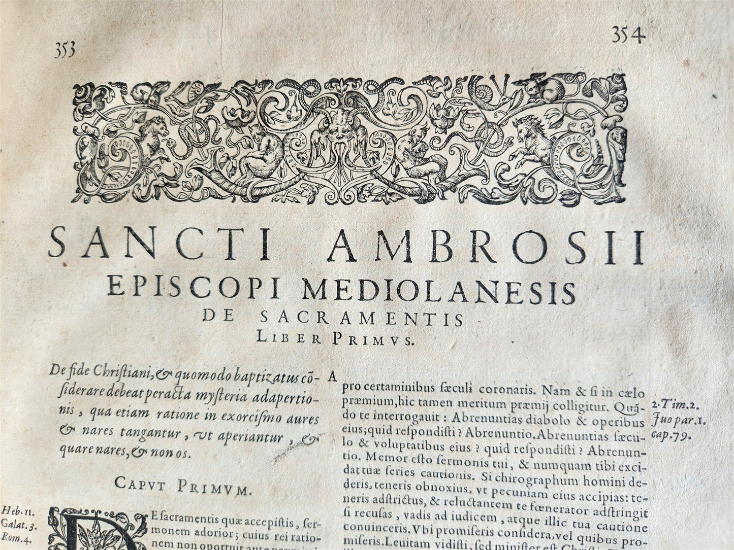 1603 SANCTI AMBROSII antique PIGSKIN BOUND FOLIO w/BISHOP'S COAT of ARMS Vol.3-4