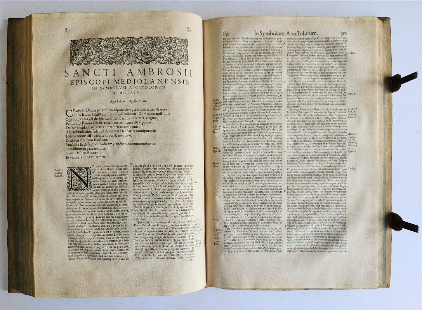 1603 SANCTI AMBROSII antique PIGSKIN BOUND FOLIO w/BISHOP'S COAT of ARMS Vol.3-4