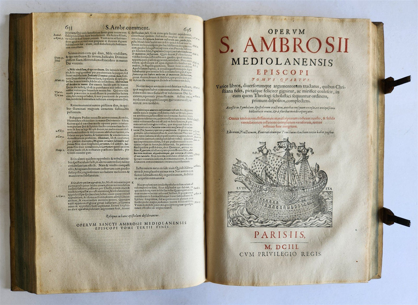 1603 SANCTI AMBROSII antique PIGSKIN BOUND FOLIO w/BISHOP'S COAT of ARMS Vol.3-4