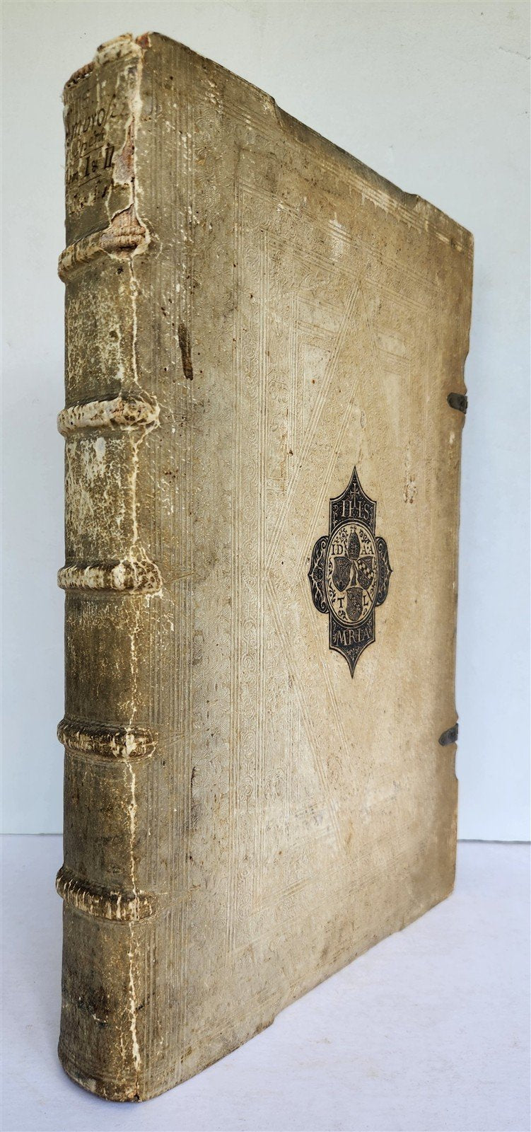 1603 SANCTI AMBROSII antique PIGSKIN BOUND FOLIO w/BISHOP'S COAT of ARMS Vol.1-2