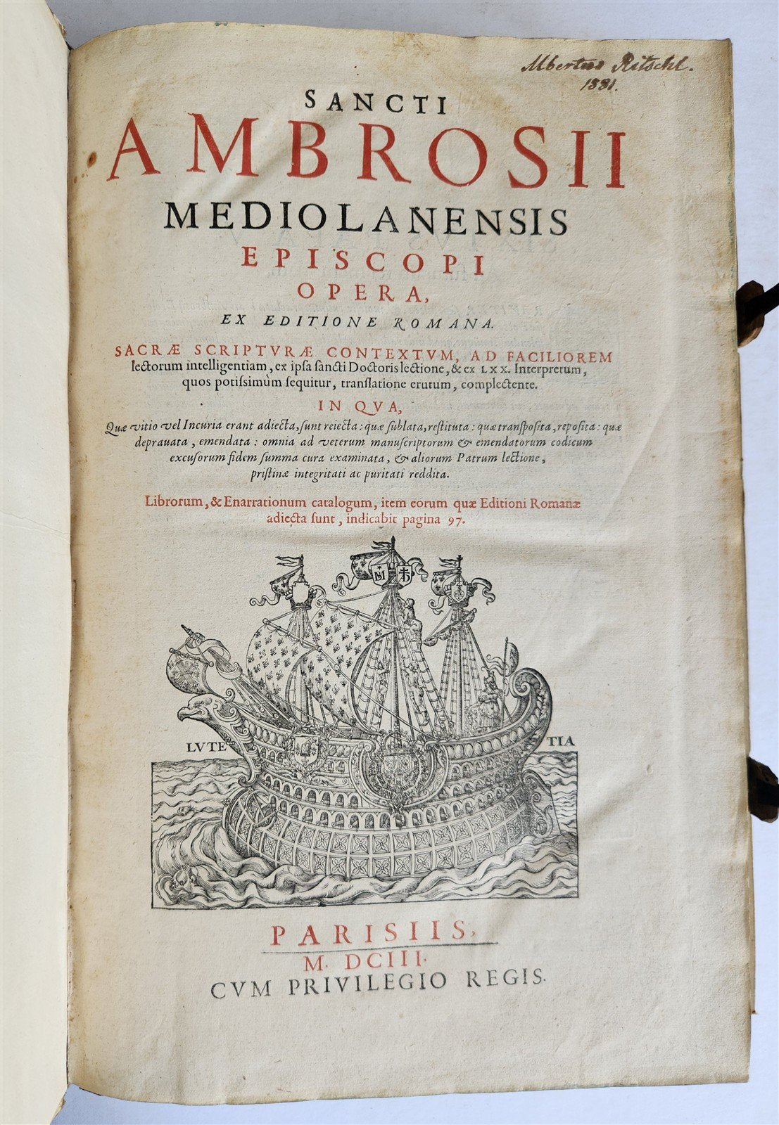 1603 SANCTI AMBROSII antique PIGSKIN BOUND FOLIO w/BISHOP'S COAT of ARMS Vol.1-2