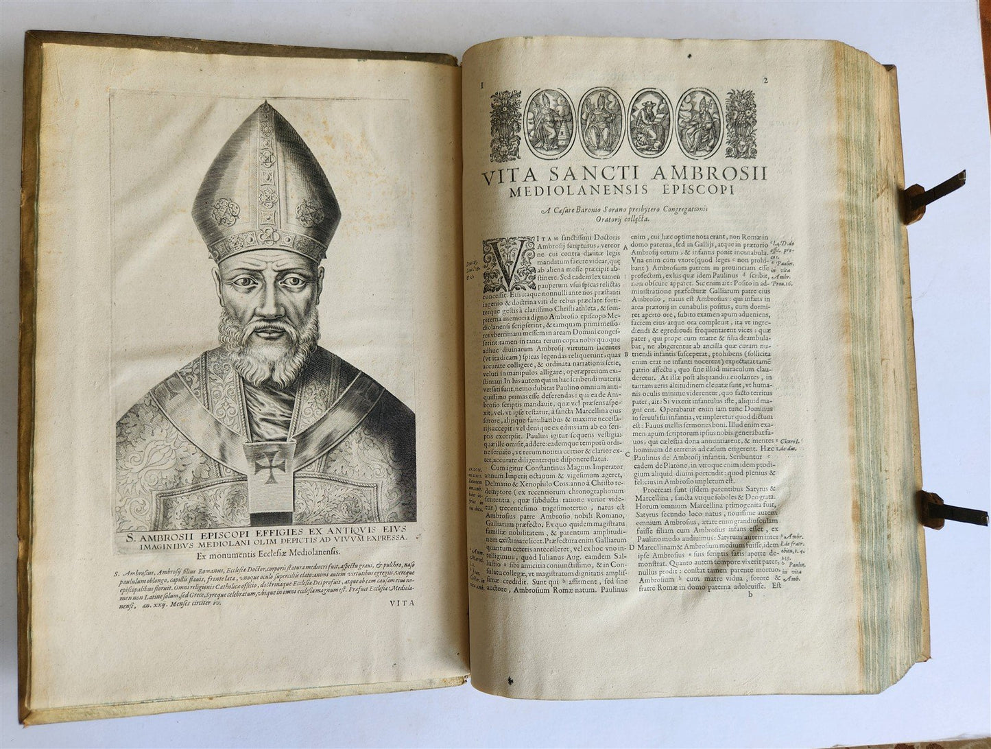 1603 SANCTI AMBROSII antique PIGSKIN BOUND FOLIO w/BISHOP'S COAT of ARMS Vol.1-2