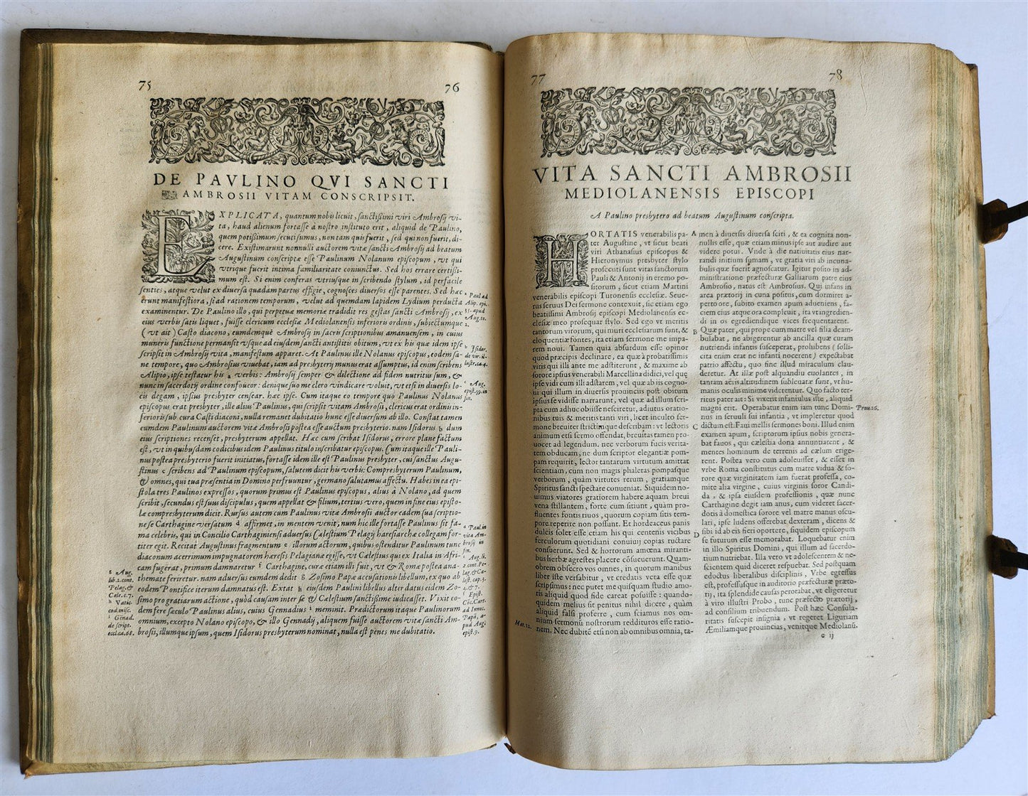 1603 SANCTI AMBROSII antique PIGSKIN BOUND FOLIO w/BISHOP'S COAT of ARMS Vol.1-2