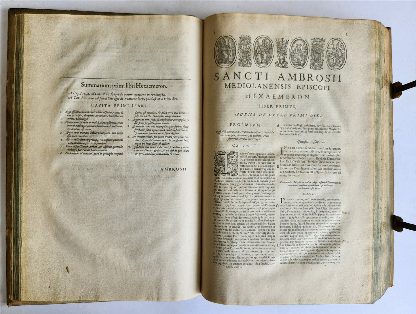 1603 SANCTI AMBROSII antique PIGSKIN BOUND FOLIO w/BISHOP'S COAT of ARMS Vol.1-2