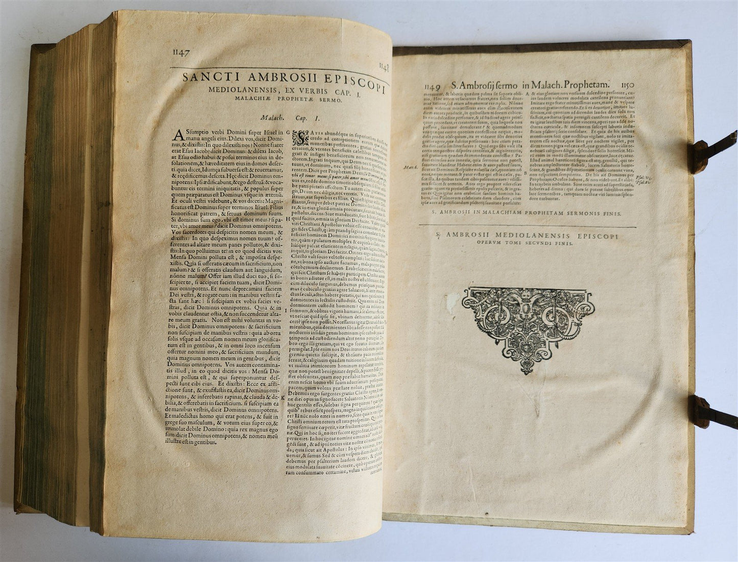 1603 SANCTI AMBROSII antique PIGSKIN BOUND FOLIO w/BISHOP'S COAT of ARMS Vol.1-2