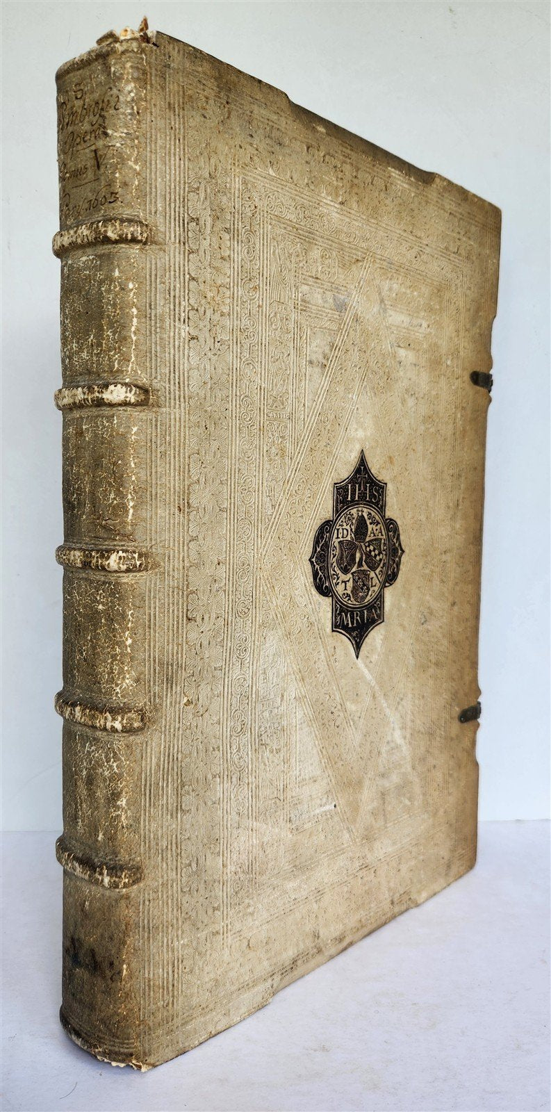 1603 SANCTI AMBROSII antique PIGSKIN BOUND FOLIO w/ BISHOP'S COAT of ARMS Vol. V