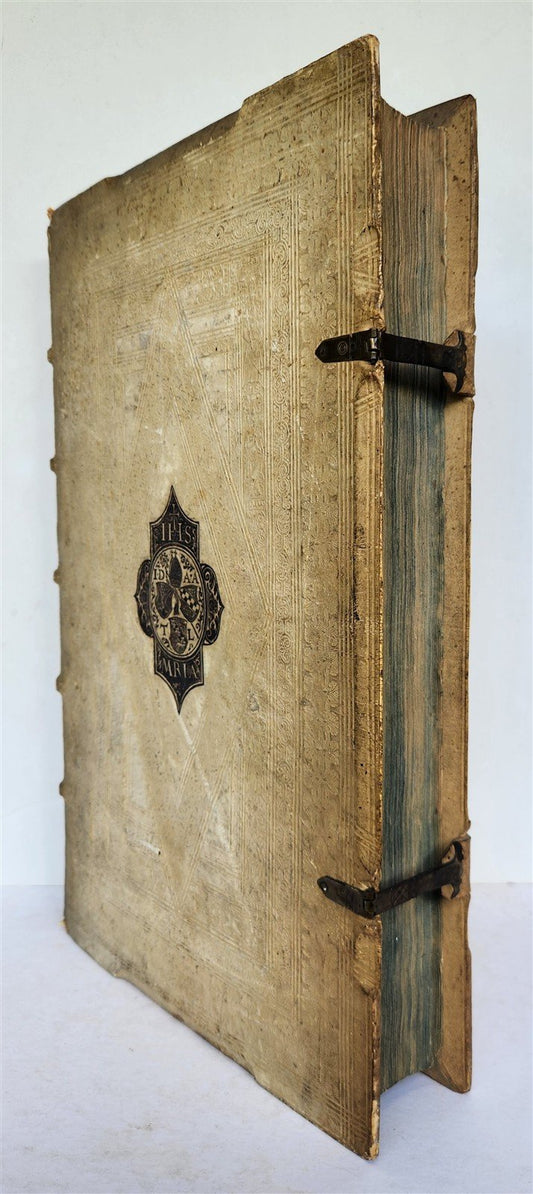 1603 SANCTI AMBROSII antique PIGSKIN BOUND FOLIO w/ BISHOP'S COAT of ARMS Vol. V