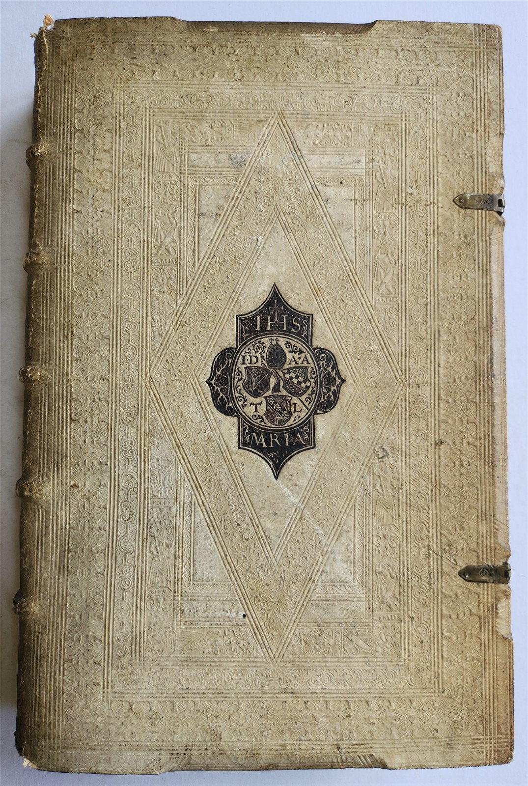 1603 SANCTI AMBROSII antique PIGSKIN BOUND FOLIO w/ BISHOP'S COAT of ARMS Vol. V