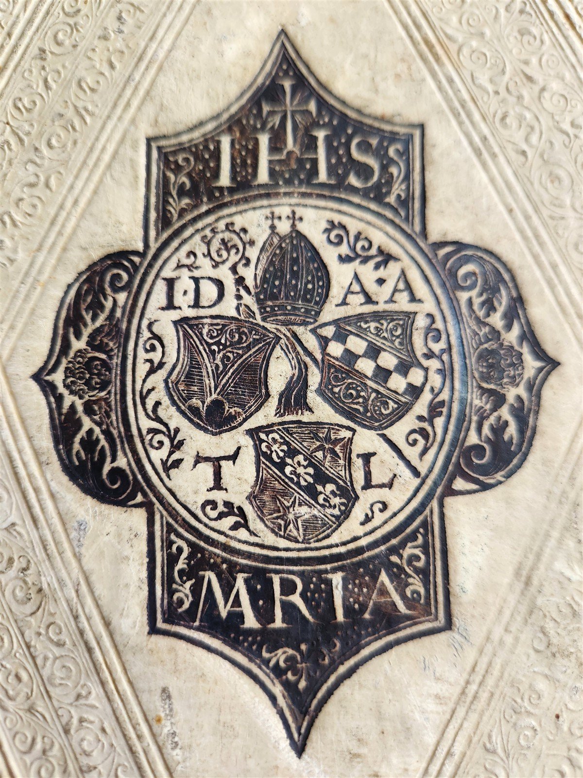 1603 SANCTI AMBROSII antique PIGSKIN BOUND FOLIO w/ BISHOP'S COAT of ARMS Vol. V