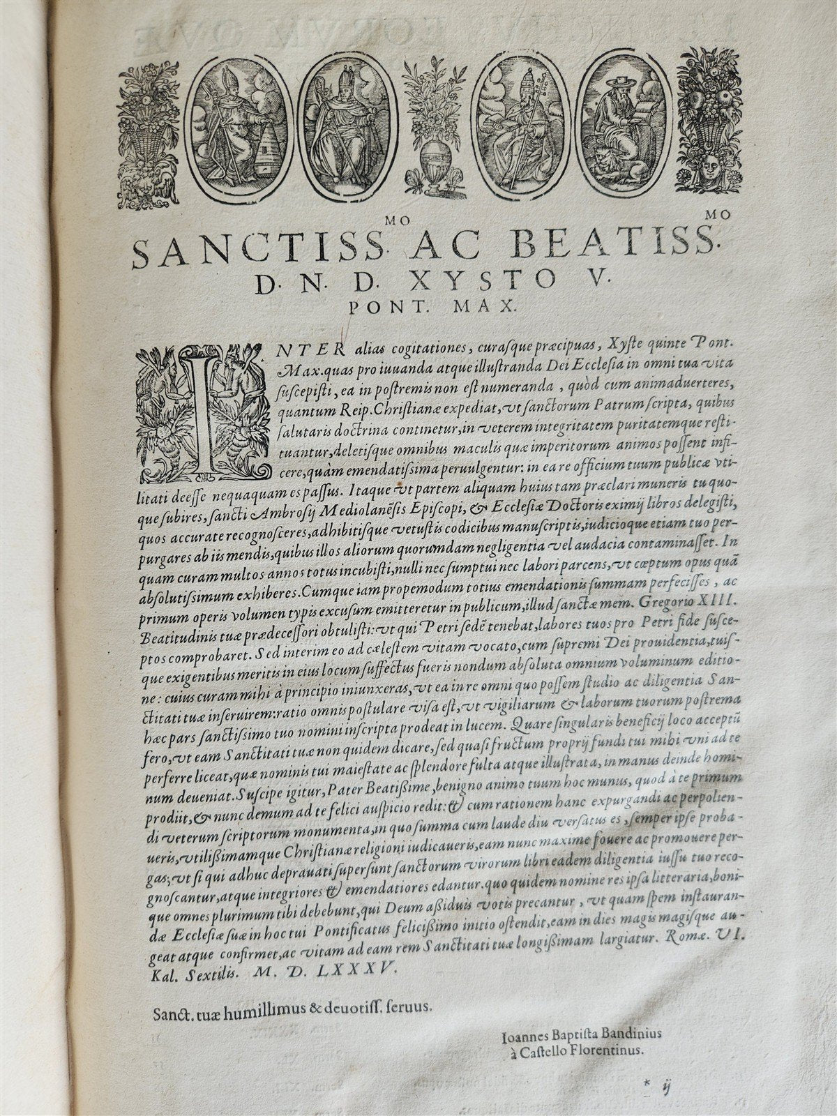 1603 SANCTI AMBROSII antique PIGSKIN BOUND FOLIO w/ BISHOP'S COAT of ARMS Vol. V