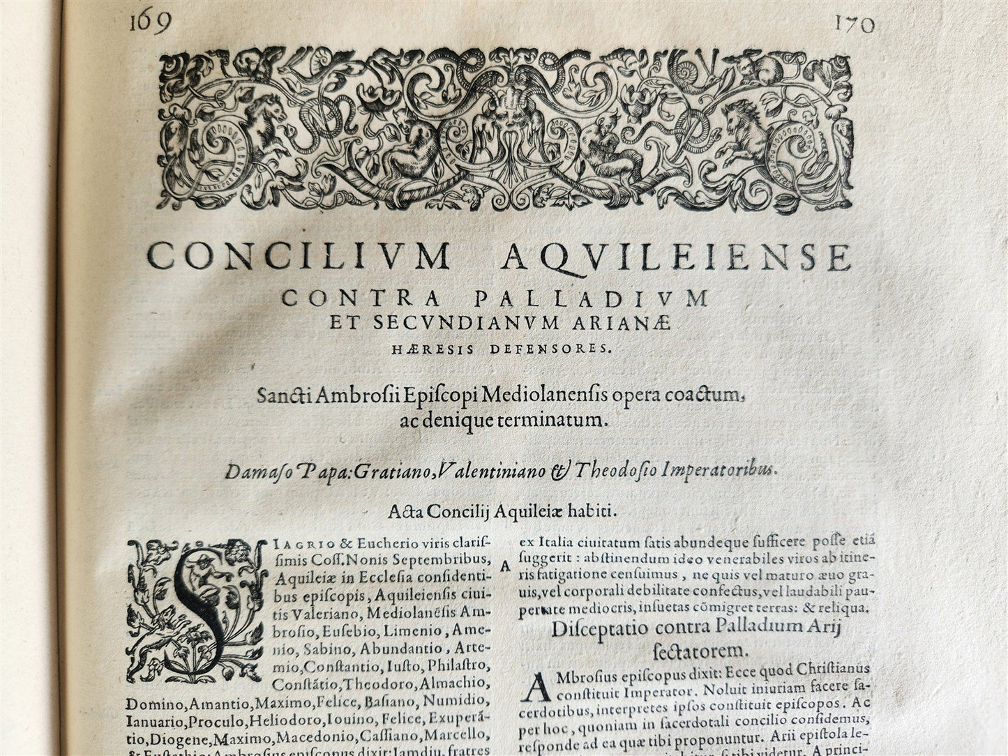 1603 SANCTI AMBROSII antique PIGSKIN BOUND FOLIO w/ BISHOP'S COAT of ARMS Vol. V