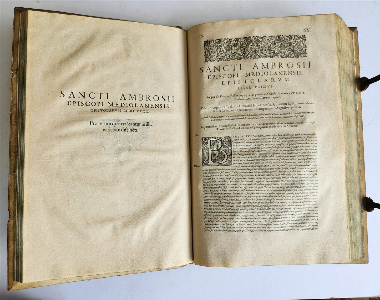 1603 SANCTI AMBROSII antique PIGSKIN BOUND FOLIO w/ BISHOP'S COAT of ARMS Vol. V