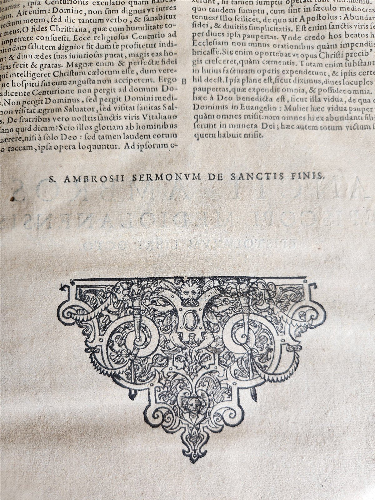 1603 SANCTI AMBROSII antique PIGSKIN BOUND FOLIO w/ BISHOP'S COAT of ARMS Vol. V