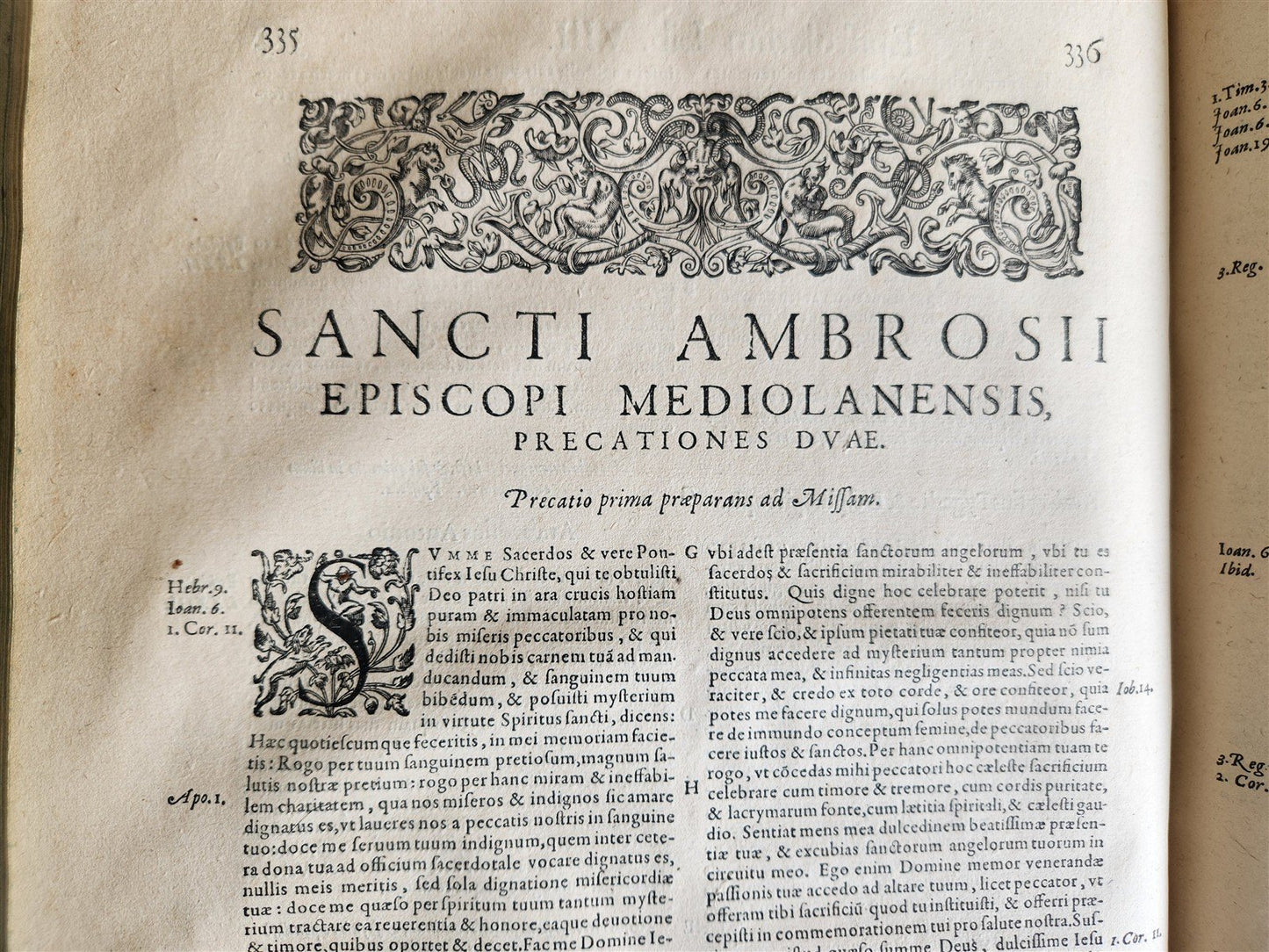 1603 SANCTI AMBROSII antique PIGSKIN BOUND FOLIO w/ BISHOP'S COAT of ARMS Vol. V
