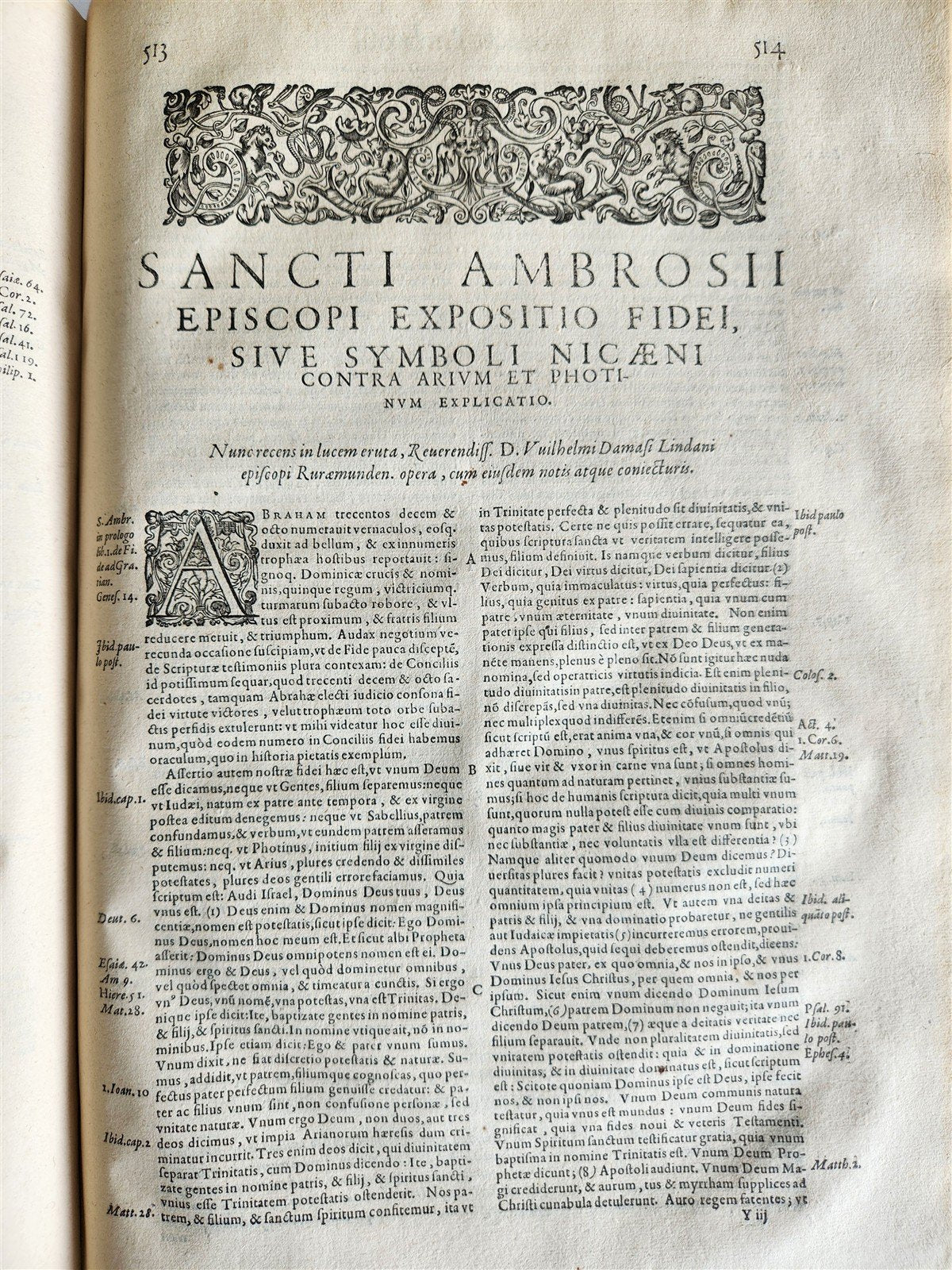 1603 SANCTI AMBROSII antique PIGSKIN BOUND FOLIO w/ BISHOP'S COAT of ARMS Vol. V