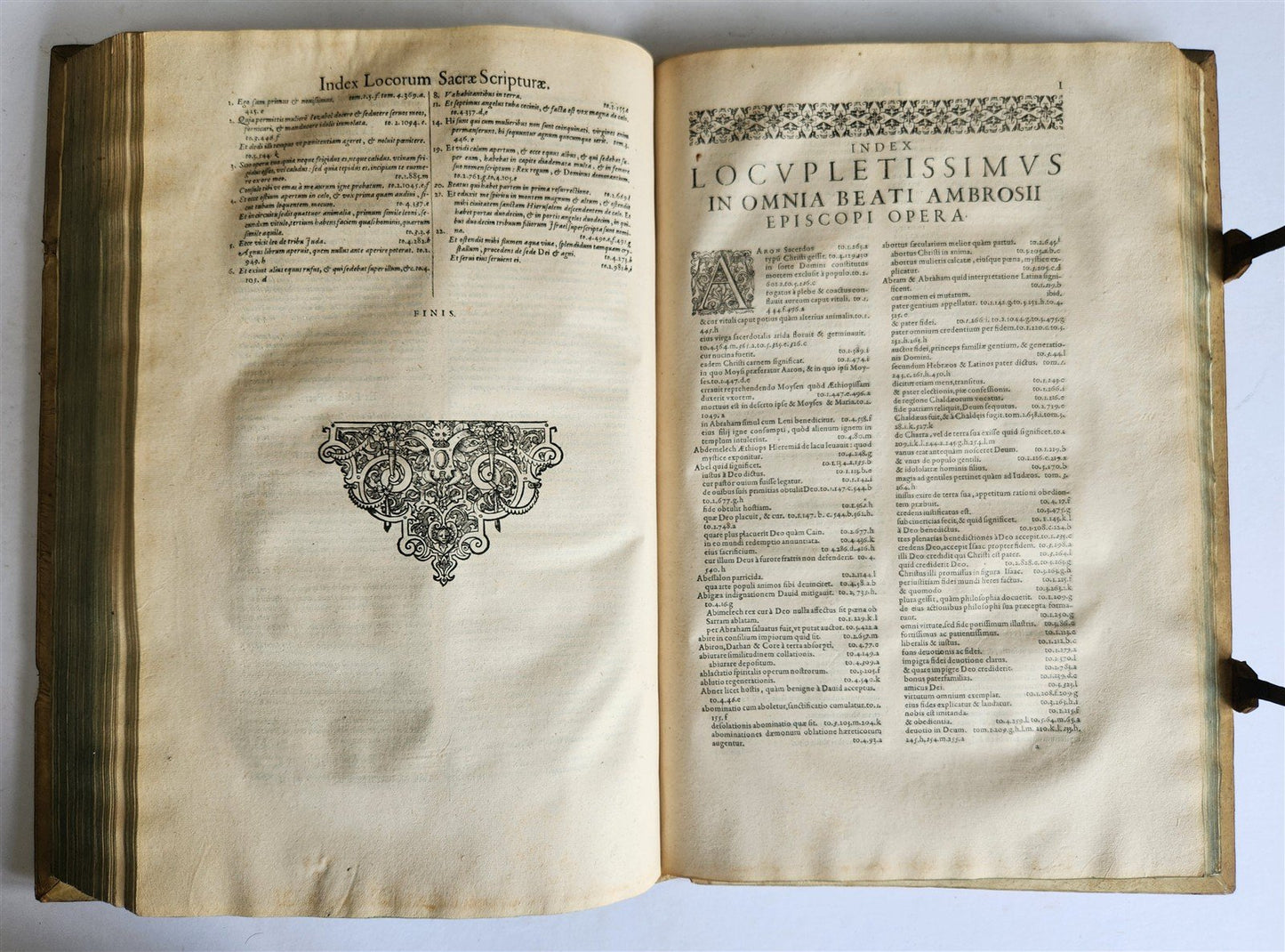 1603 SANCTI AMBROSII antique PIGSKIN BOUND FOLIO w/ BISHOP'S COAT of ARMS Vol. V