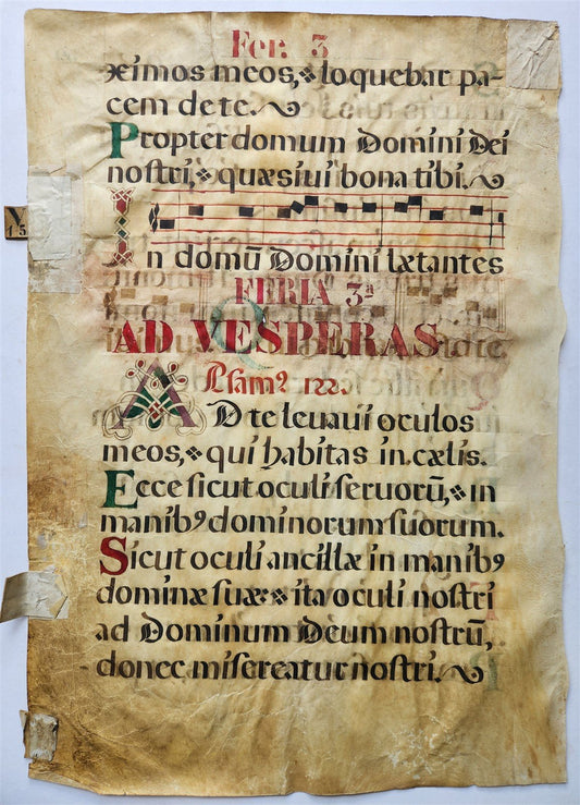 16th cent. ANTIPHONAL VELLUM MANUSCRIPT antique LITURGICAL TEXT in LATIN 18x27"