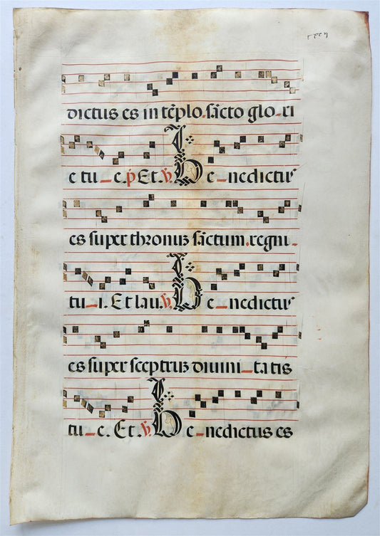 17th century ANTIPHONAL MUSIC CHART VELLUM MANUSCRIPT antique LITURGICAL TEXT