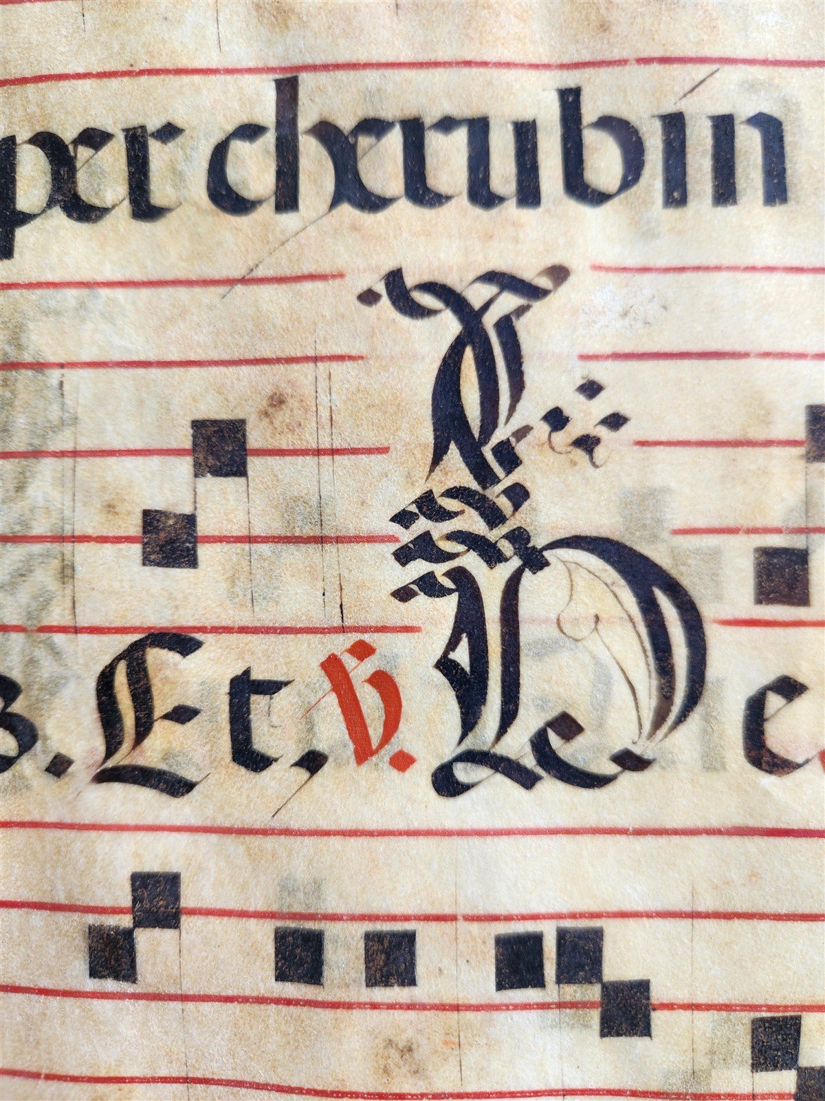 17th century ANTIPHONAL MUSIC CHART VELLUM MANUSCRIPT antique LITURGICAL TEXT