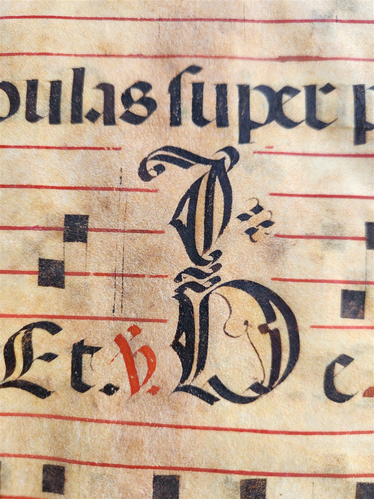 17th century ANTIPHONAL MUSIC CHART VELLUM MANUSCRIPT antique LITURGICAL TEXT