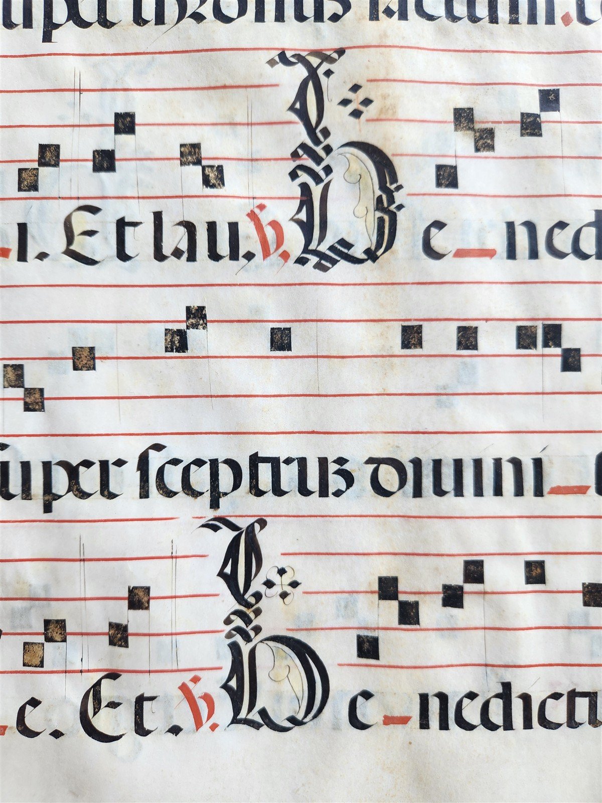17th century ANTIPHONAL MUSIC CHART VELLUM MANUSCRIPT antique LITURGICAL TEXT
