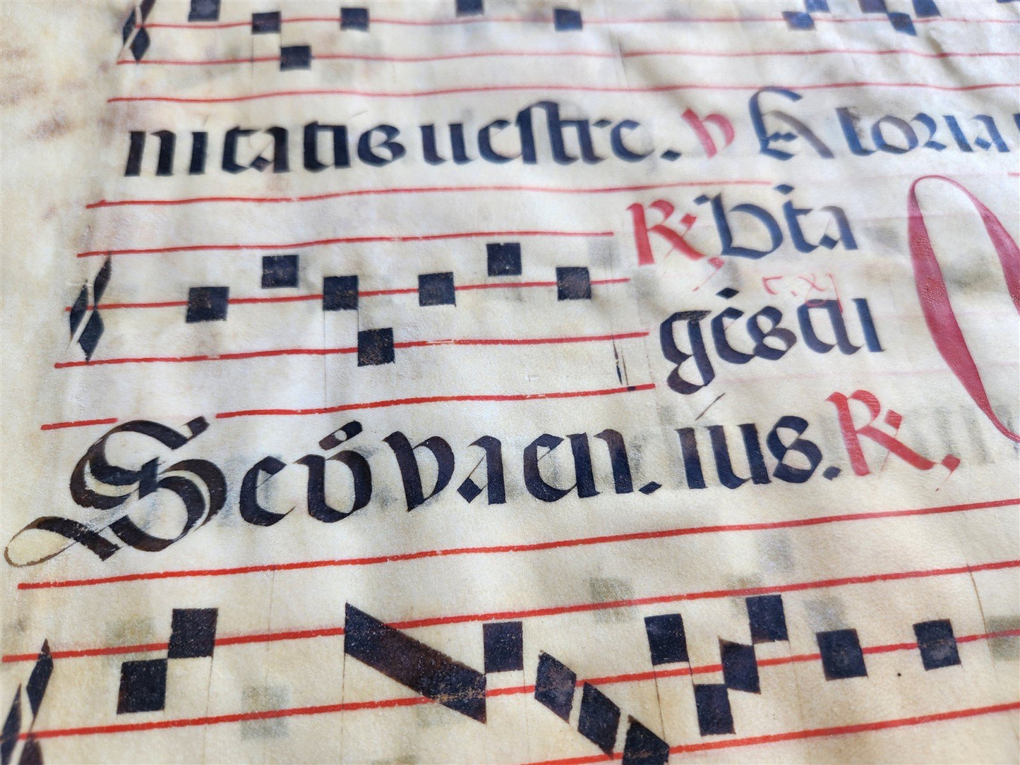17th century ANTIPHONAL MUSIC CHART VELLUM MANUSCRIPT antique LITURGICAL LATIN