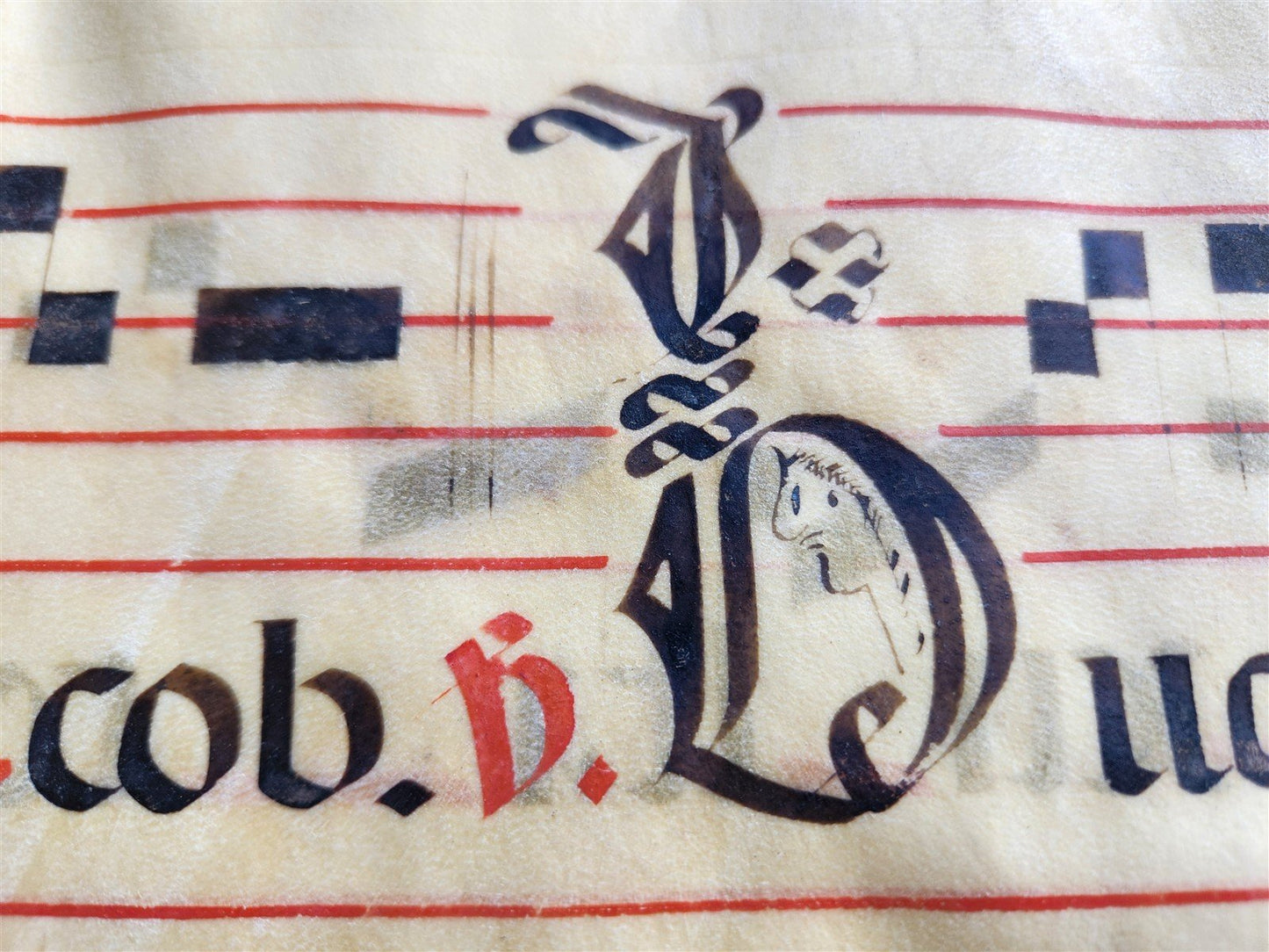 17th century ANTIPHONAL MUSIC CHART VELLUM MANUSCRIPT antique LITURGICAL LATIN