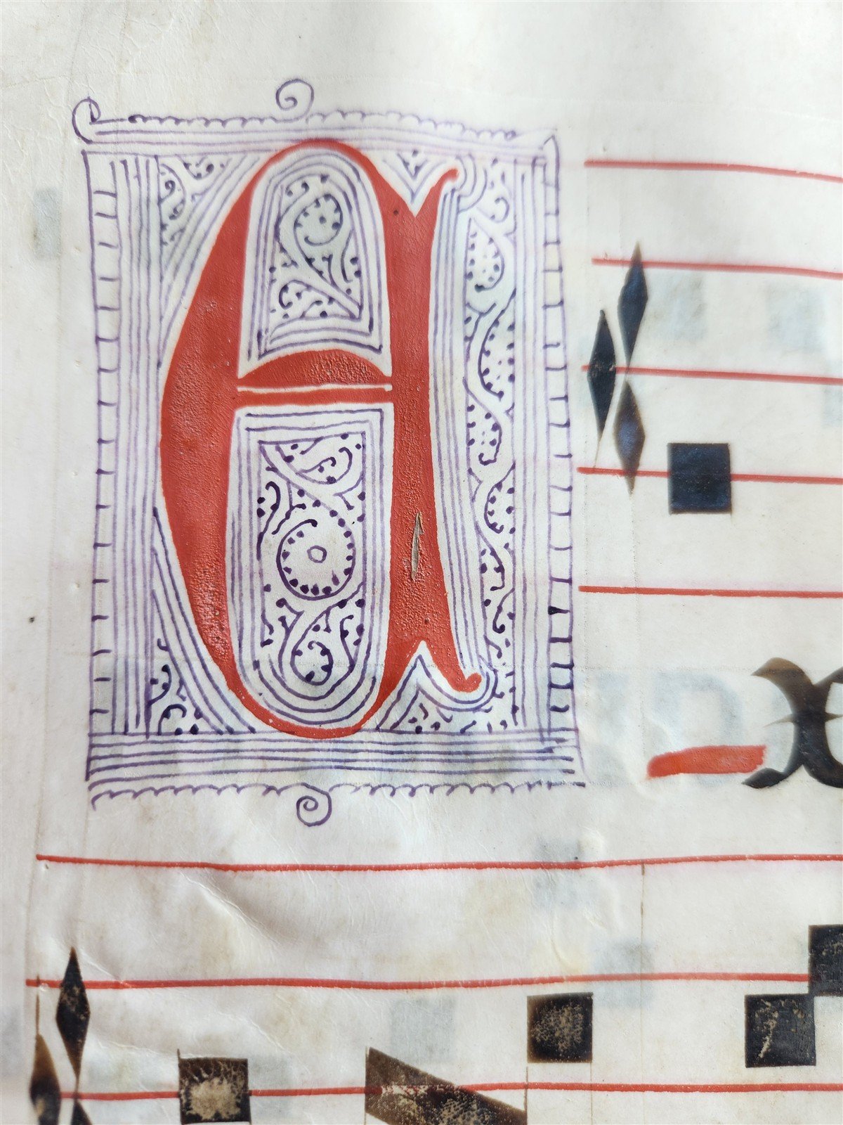 17th century ANTIPHONAL MUSIC CHART VELLUM MANUSCRIPT antique LITURGICAL LATIN