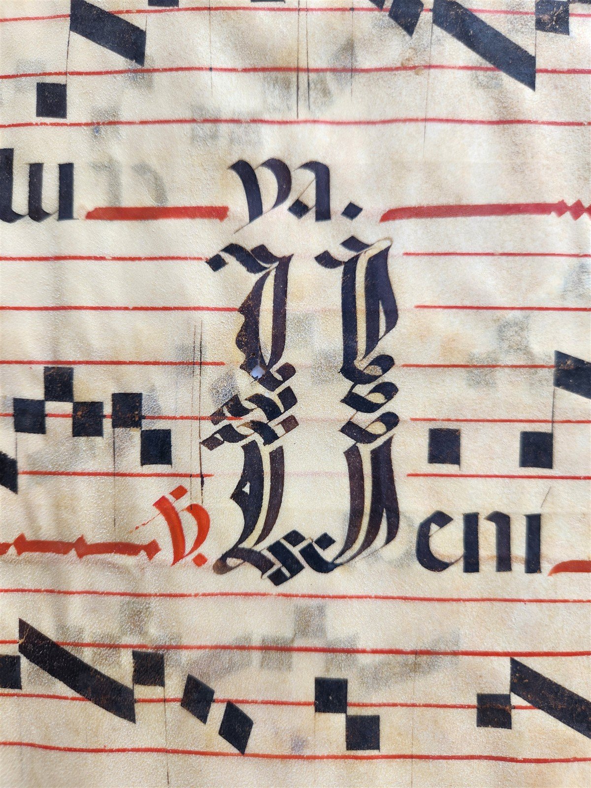 17th cent. ANTIPHONAL MUSIC CHART VELLUM MANUSCRIPT antique LITURGICAL 18 x 26"