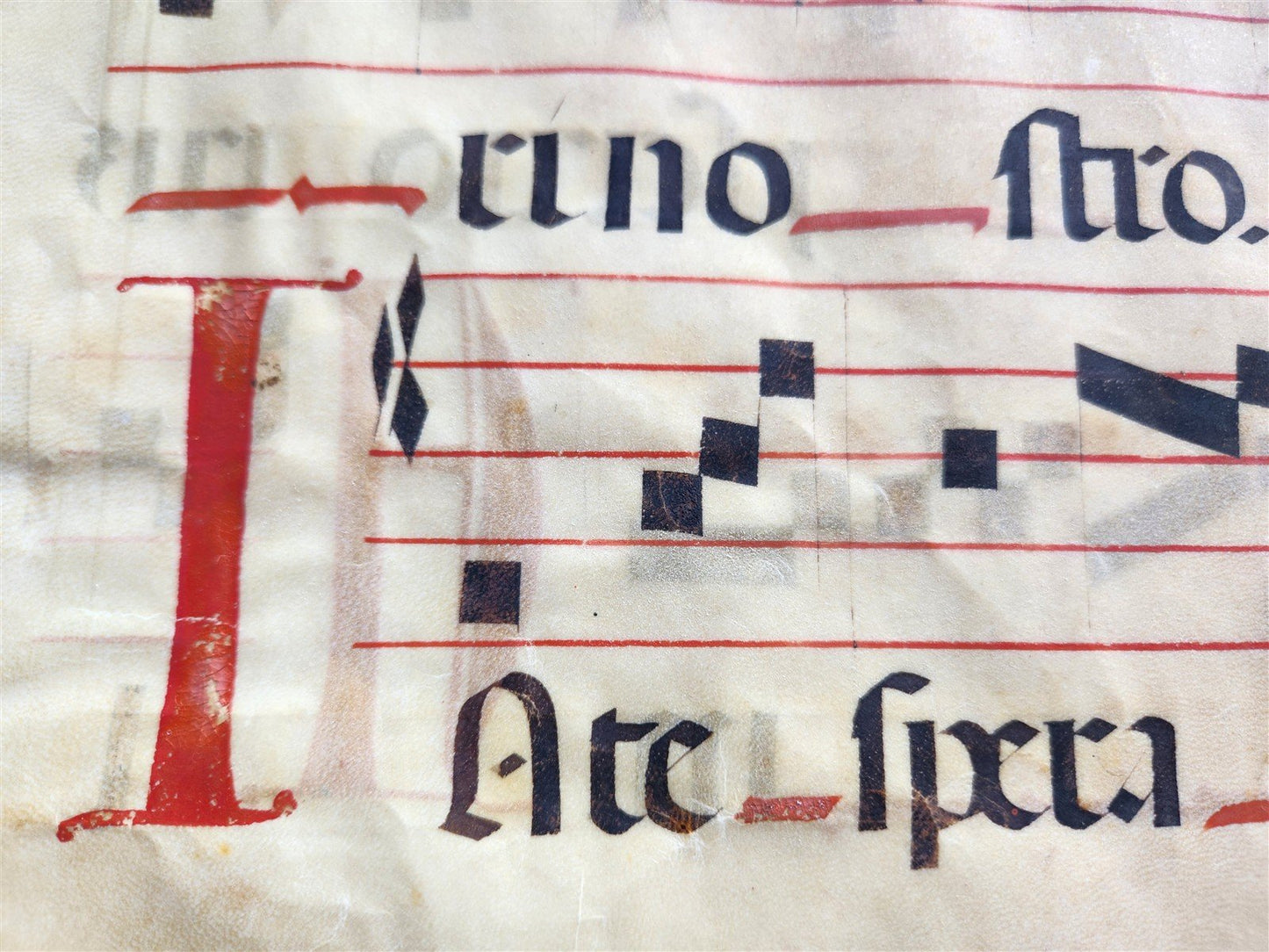 17th cent. ANTIPHONAL MUSIC CHART VELLUM MANUSCRIPT antique LITURGICAL 18 x 26"
