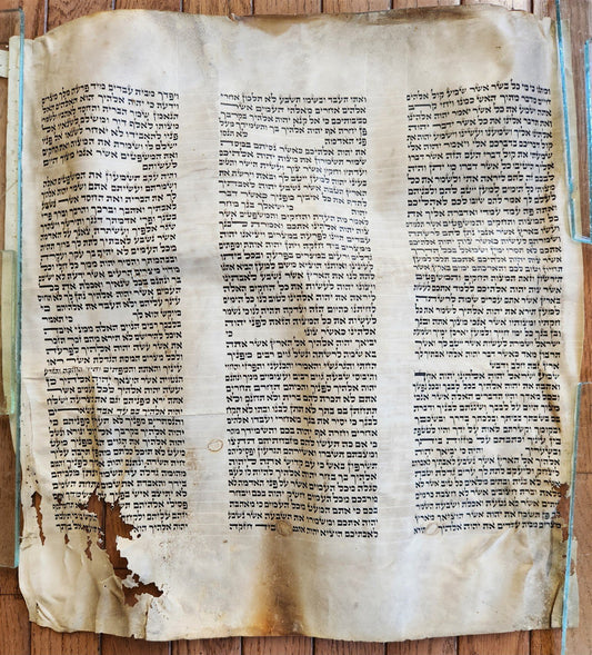 TORAH SCROLL FRAGMENT MANUSCRIPT on VELLUM 19th century ANTIQUE 18 by 19.5"