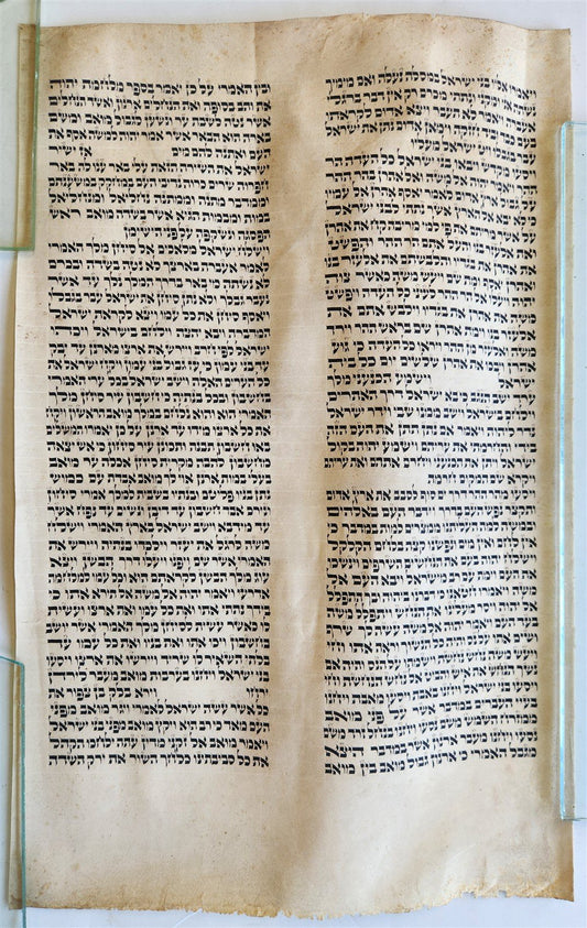 TORAH SCROLL FRAGMENT MANUSCRIPT on VELLUM 19th century ANTIQUE NUMBERS 21:21-35