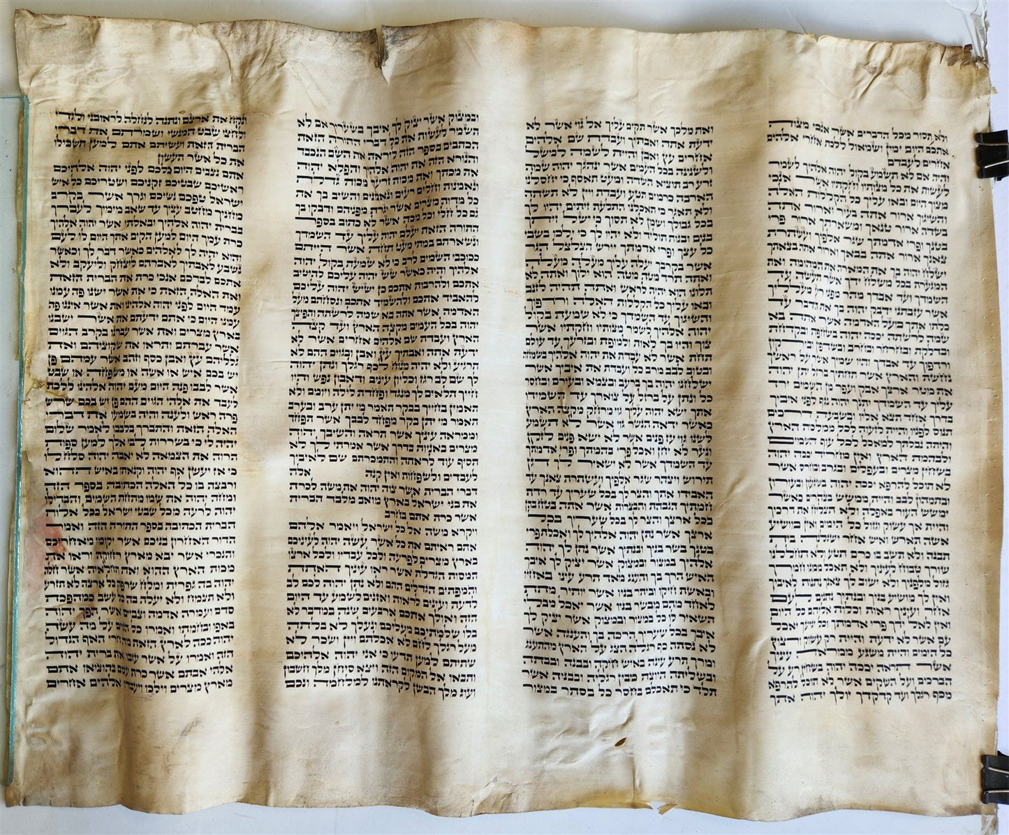 TORAH SCROLL FRAGMENT VELLUM MANUSCRIPT 19th century ANTIQUE DEUTERONOMY 28:30