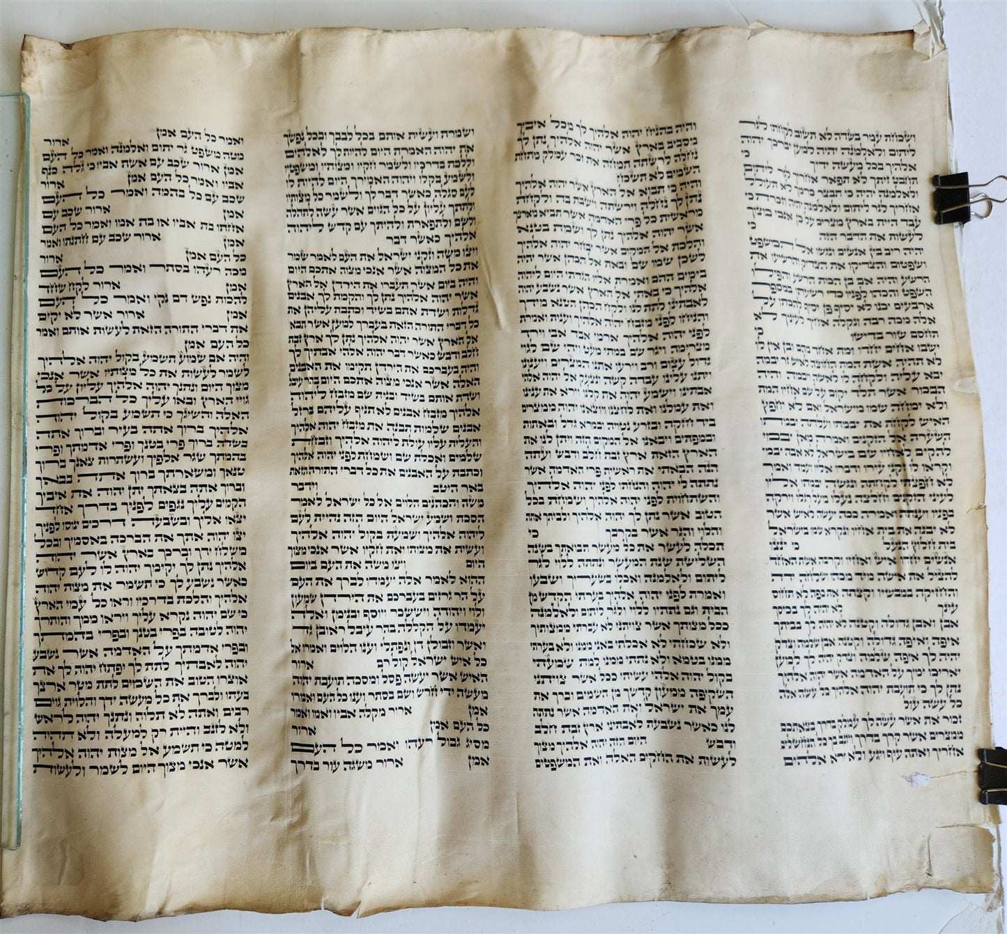 TORAH SCROLL FRAGMENT VELLUM MANUSCRIPT 19th century ANTIQUE DEUTERONOMY 24 - 28