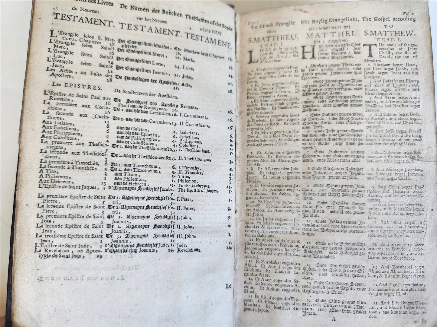 1684 BIBLE in ENGLISH FRENCH & DUTCH antique NEW TESTAMENT