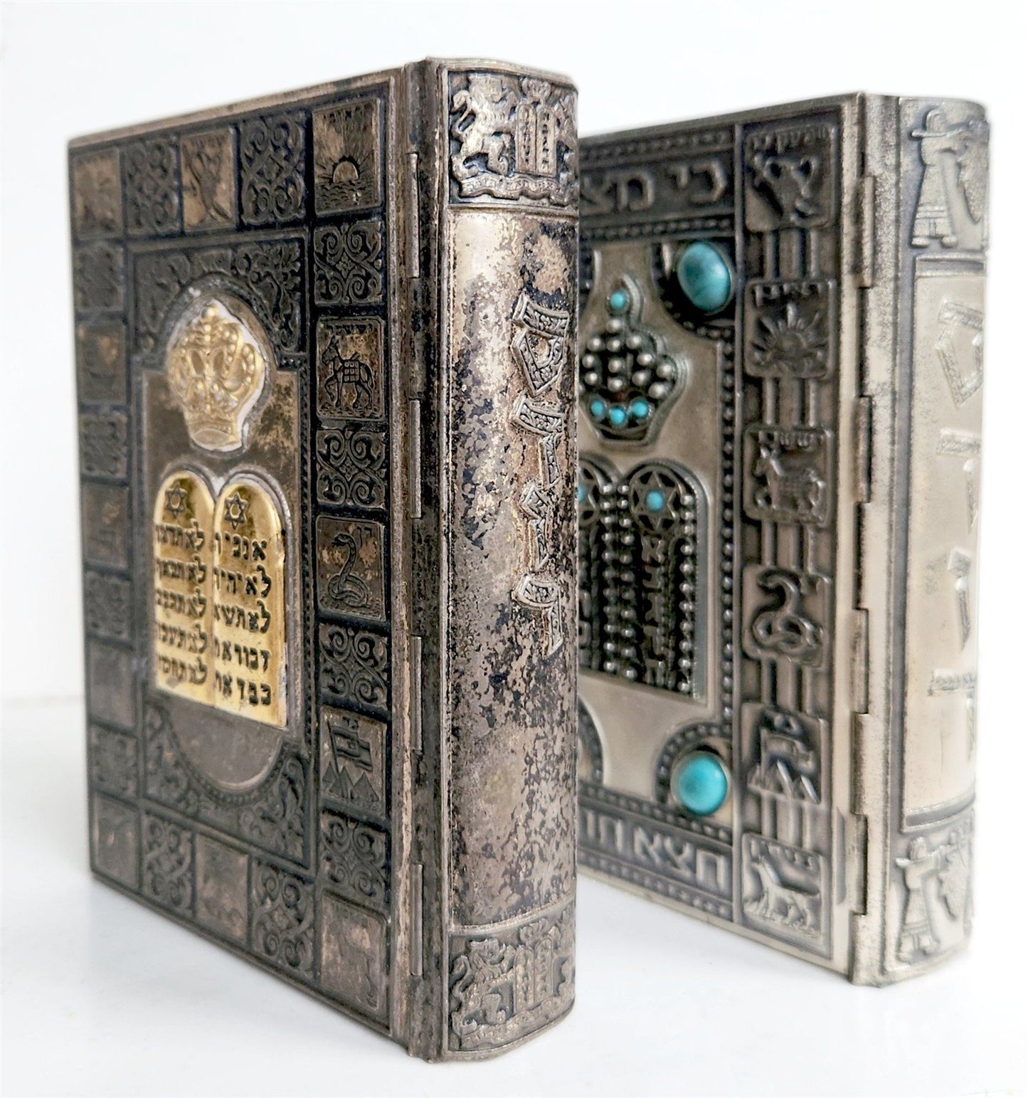 1960-1969 PAIR of JEWISH PRAYER BOOKS w/ METAL BINDINGS vintage HEBREW-ENGLISH