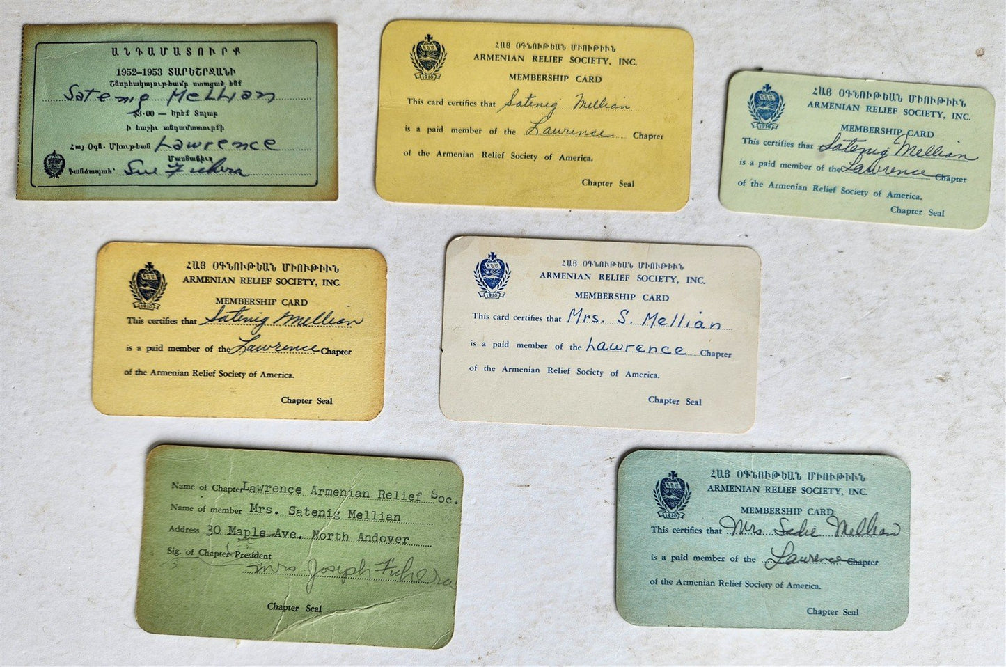1950s-60s ARMENIAN RELIEF SOCIETY of AMERICA lot of 7 MEMBERSHIP CARDS vintage