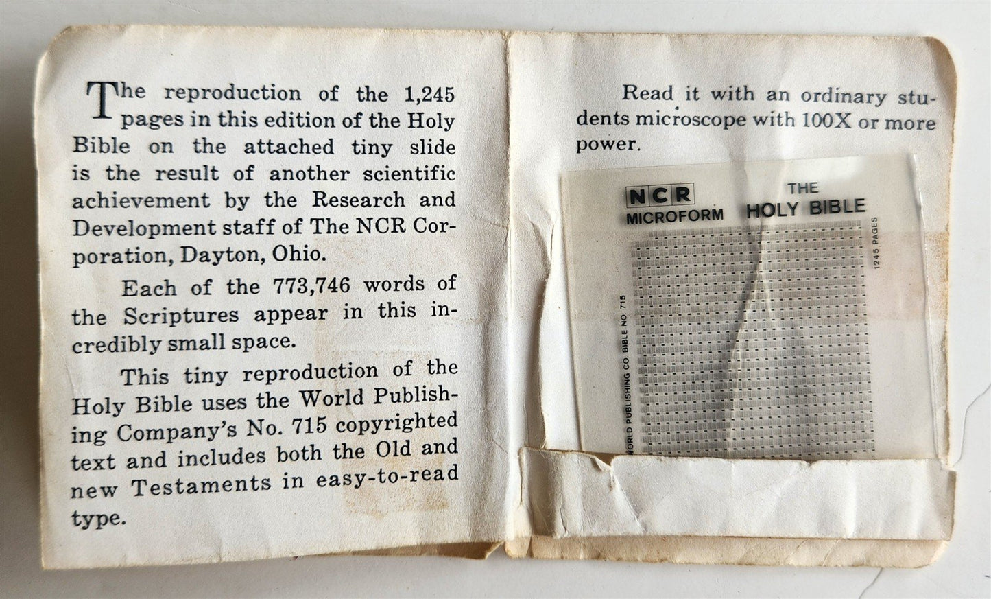 1966 BIBLE WORLD'S SMALLEST English KJV NCR MICROFORM Space LUNAR Bible VINTAGE
