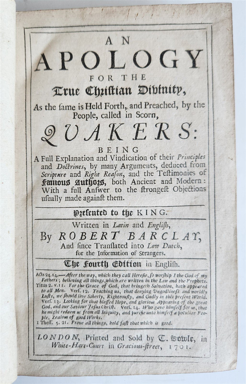 1701 AN APOLOGY for TRUE CHRISTIAN DIVINITY by QUAKERS Robert Barclay ANTIQUE