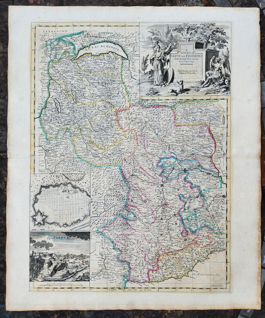 1721 MAP of FRANCE - SAVOY & PIEDMONT ANTIQUE w/ plan of Turin & view of Verrua