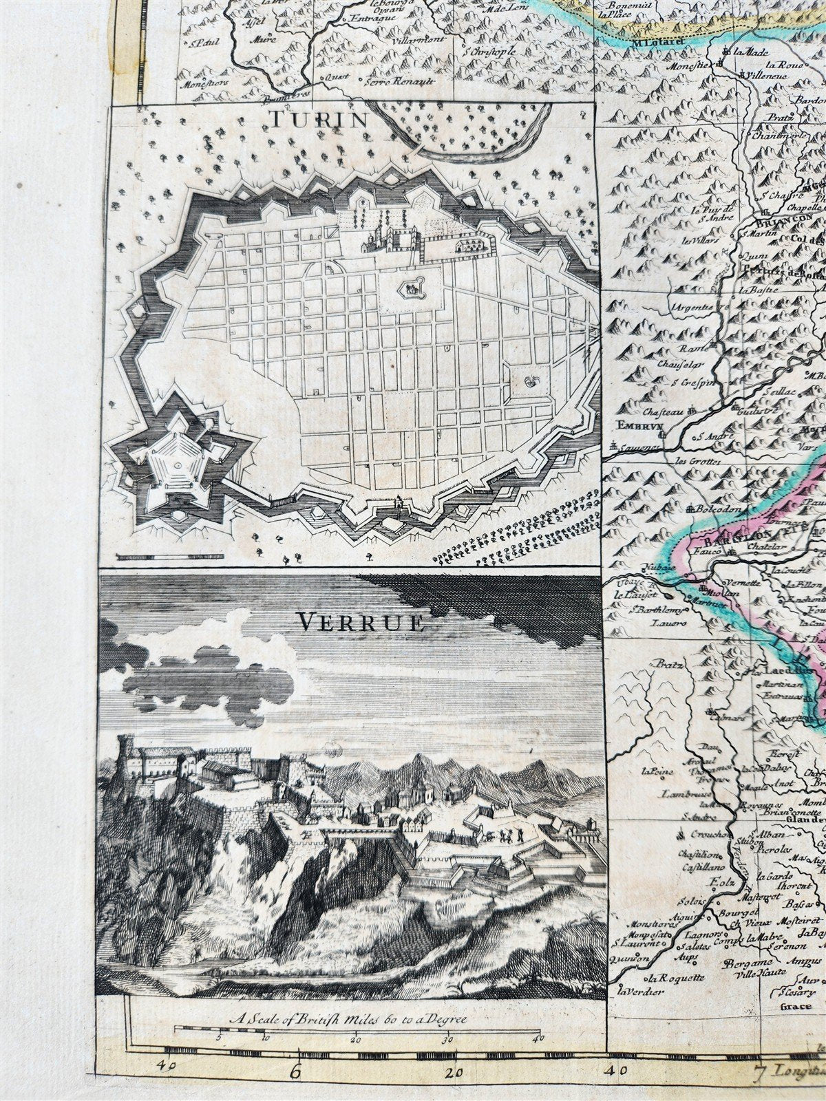 1721 MAP of FRANCE - SAVOY & PIEDMONT ANTIQUE w/ plan of Turin & view of Verrua