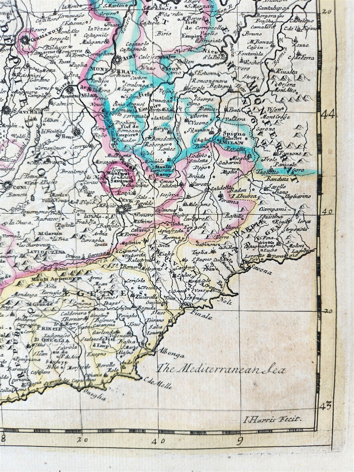 1721 MAP of FRANCE - SAVOY & PIEDMONT ANTIQUE w/ plan of Turin & view of Verrua