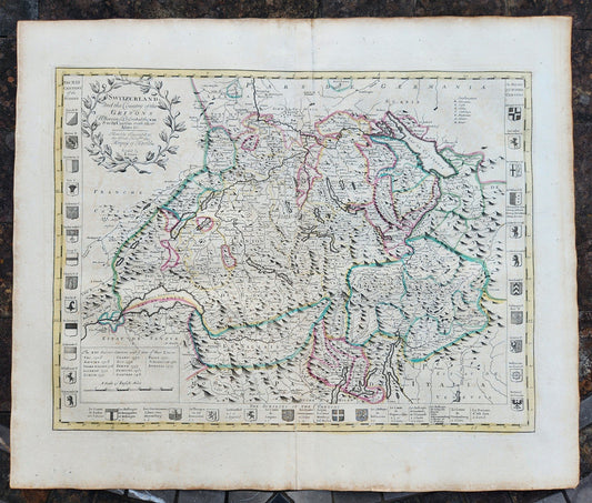 1720 MAP of SWITZERLAND & country of GRISONS w/CRESTS of CANTONS antique ENGLISH