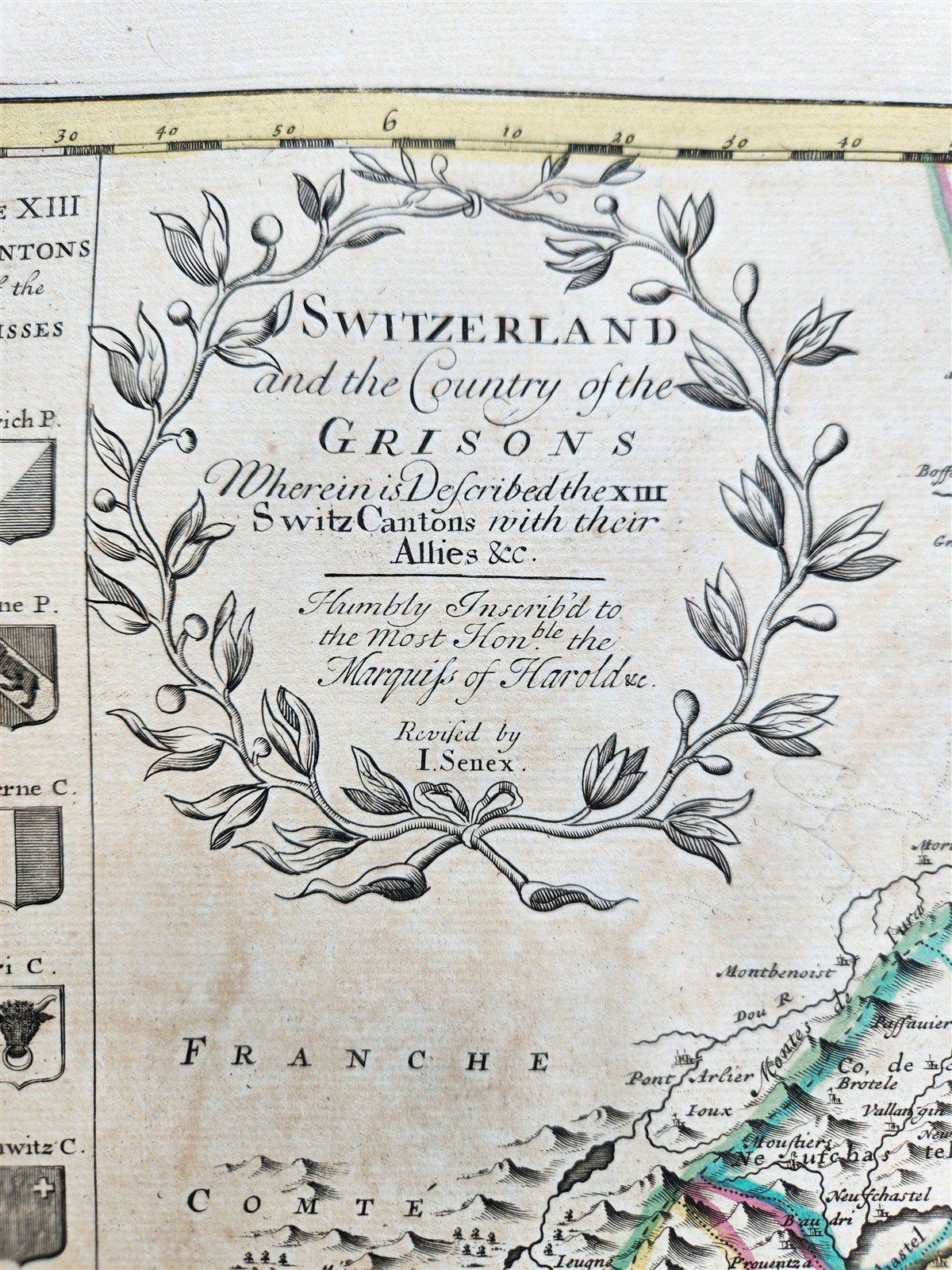 1720 MAP of SWITZERLAND & country of GRISONS w/CRESTS of CANTONS antique ENGLISH