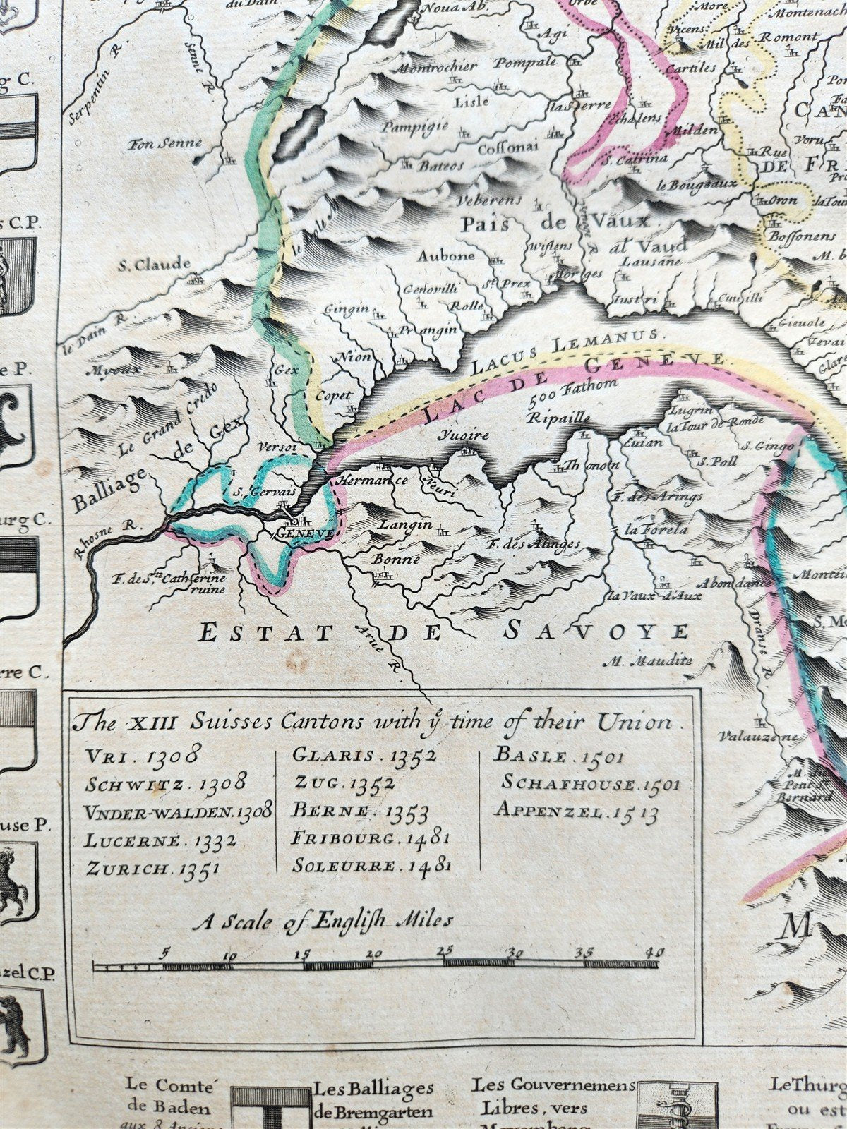 1720 MAP of SWITZERLAND & country of GRISONS w/CRESTS of CANTONS antique ENGLISH